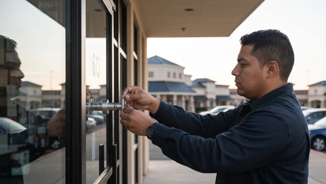 Cerrajero instalando cerradura de alta seguridad en pequeño negocio sobre corredor I-635 en Mesquite Texas