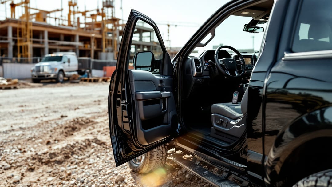 Camioneta pickup grande color negro estacionada en una obra en Mesquite Texas con dos llaves inteligentes nuevas sobre el asiento del conductor