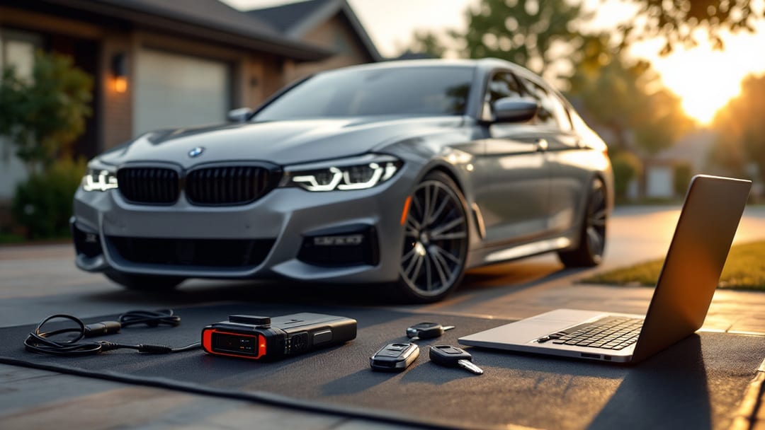 Sedán BMW plateado con programador OBD2, laptop de diagnóstico y llaves nuevas durante golden hour en un taller de Mesquite Texas