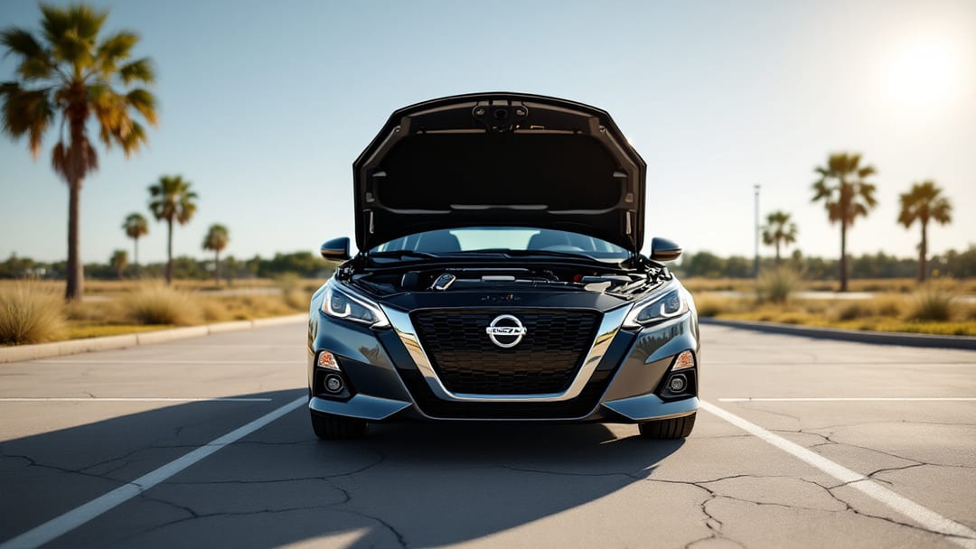 Nissan Altima sedán bajo sol de mediodía en Mesquite Texas con programador OBD2 e intelligent key sobre el tablero