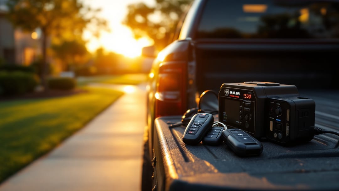 Pickup RAM 1500 al atardecer en Mesquite Texas con herramientas de cerrajero programador OBD2 y smart key sobre el guardabarros