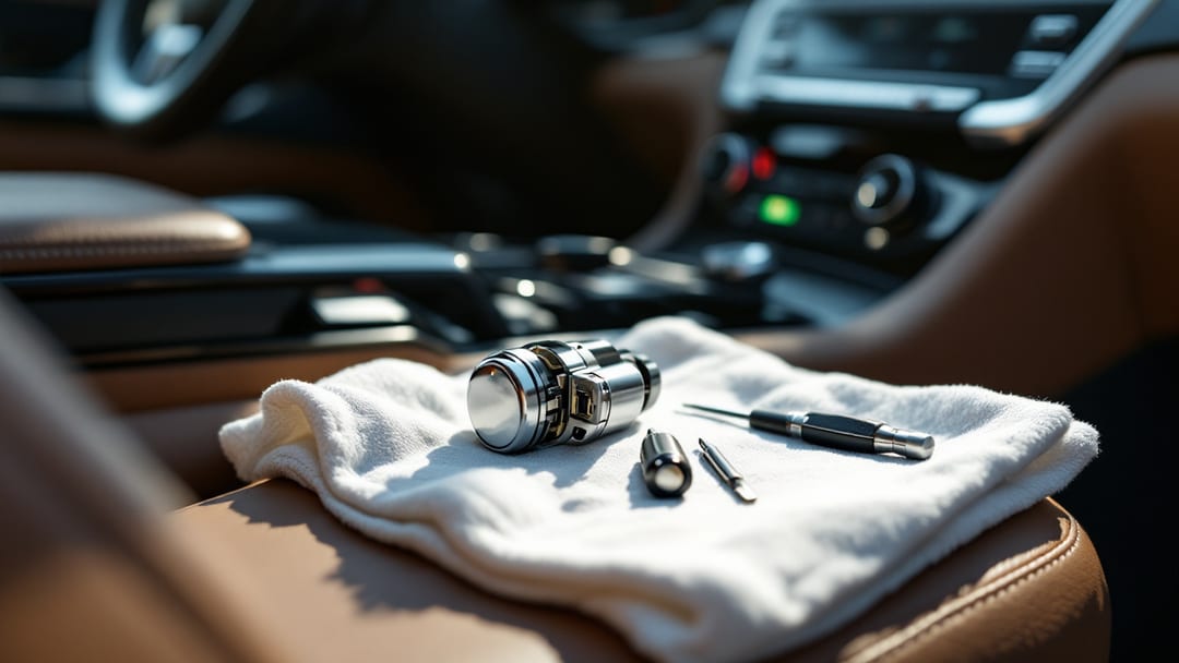 Interior de una SUV de lujo con la cubierta de la columna de dirección retirada y herramientas de precisión sobre el asiento del conductor